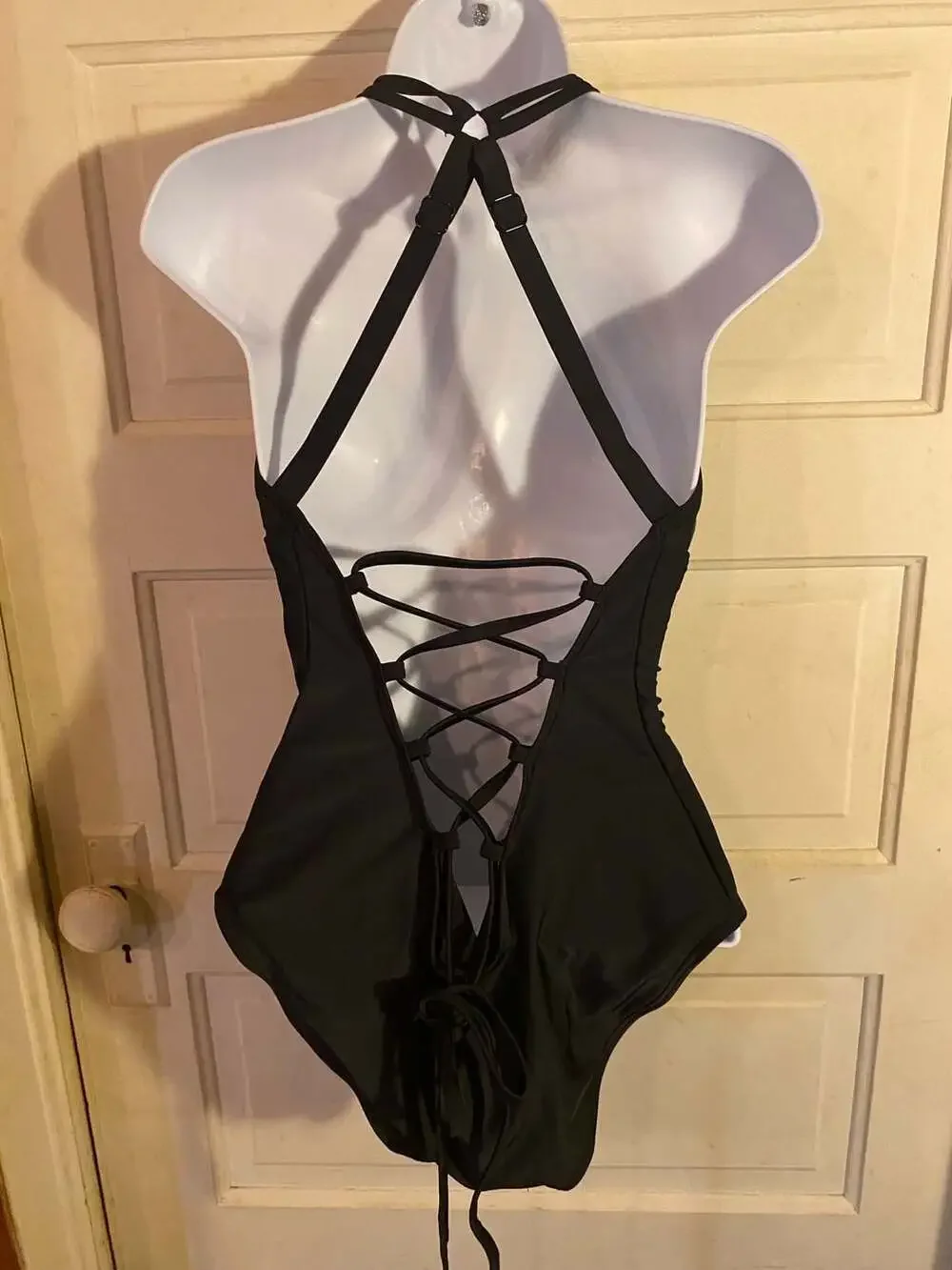 Women's Black Halter One-Piece Swimsuit with Keyhole and Lace-Up Back